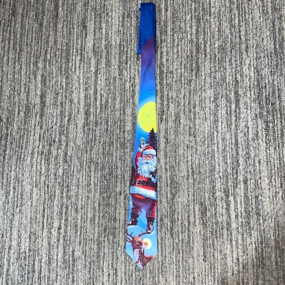 Ralph Marlin Mens The Rooftop Christmas Tie Blue Santa Claus Rudolph Reindeer